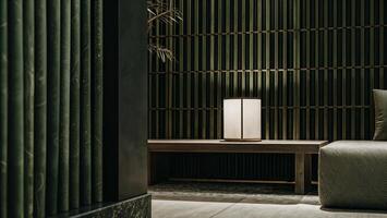 Zen Japanese Interior with Lantern and Bamboo Texture photo