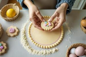 Easter cookie decorating with pastel icing. photo