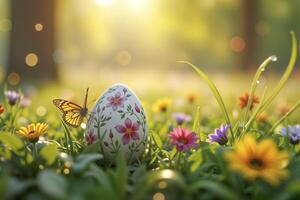 Butterfly resting on floral Easter egg in blooming spring meadow. photo