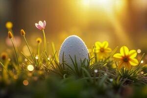 Easter egg covered in dewdrops among sunlit grass and flowers. photo