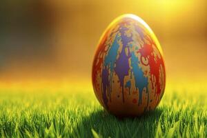 Painted Easter egg with abstract design on grass. photo