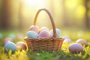 Pastel Easter eggs in a wicker basket on sunlit grass. photo