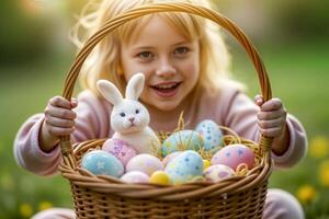 Happy child holding an Easter basket with colorful eggs and a bunny. photo