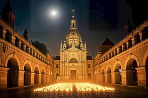 Majestic church illuminated by Easter candles under moonlit night. photo