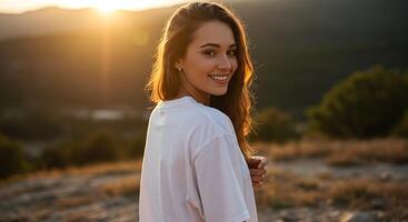 Smiling young woman basking in the golden hour light on a hilltop - Generated using AI photo