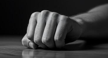 Monochrome study of a clenched fist resting on a reflective surface - Generated using AI photo