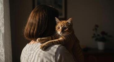 A girl holds her ginger cat on her shoulder from a back view - Generated using AI photo