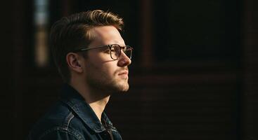 Thoughtful Young Man in Denim Jacket Looking Upward - Generated using AI photo
