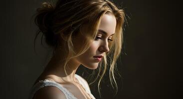 Intimate portrait of a pensive woman with soft lighting and shallow depth - Generated using AI photo