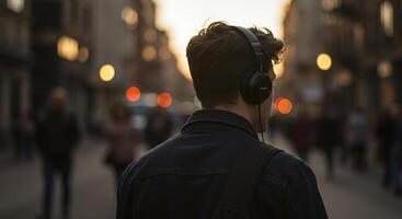 Contemplative young man with headphones in an urban setting - Generated using AI photo