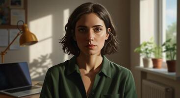 Portrait of a confident woman in a bright workspace at home - Generated using AI photo