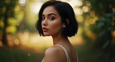 Portrait of an elegant young woman with bokeh background - Generated using AI photo