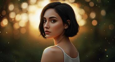 Captivating gaze of a young woman with blurred background and soft golden light - Generated using AI photo