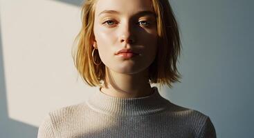 Serene portrait of a blonde woman with soft lighting and modern style - Generated using AI photo