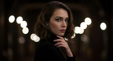 Portrait of a refined woman in subdued lighting with soft bokeh background - Generated using AI photo
