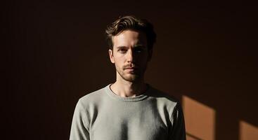 Striking portrait of a contemplative man with light and shadow play - Generated using AI photo