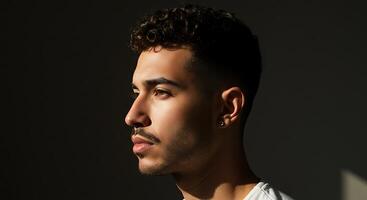 Portrait of a Young Man with Curly Hair and Subtle Fade - Generated using AI photo