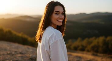 Portrait of a smiling woman in nature at sunset with mountain views - Generated using AI photo