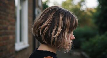 A young woman showcases a textured UK-style bob with highlighted layers - Generated using AI photo
