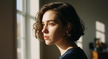 Pensive young woman illuminated by sunlight near a window - Generated using AI photo