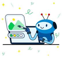 Artificial intelligence robot painting illustration on his laptop. A robot holding a brush creating art. Neural network technology concept. AI chat bot with prompt. vector