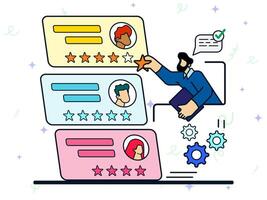 Performance rating concept. Man of director bring star symbol to giving for employee profile. Review, high quality, evluation, reputation vector