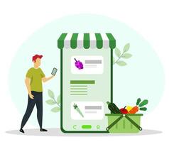 Man using his smartphone to order fresh vegetable and fruit on online groceries shop. Web orders and sales of new organic harvest delicious products from farms vector