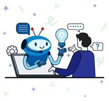 Man using laptop to talk with robotic assistant. Robot AI gives an idea to a light bulb. Artificial intelligence helps a human solve a work task concept vector