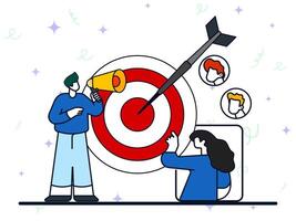 Find leads abstract concept. Targeting promotion, digital marketing strategy, build brand awareness, find new customer, content creation, sales funnel, social network promotion. vector