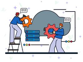 Cloud management system concept. Two male bring gear to optimization database server. Data storage, application development, database setting. vector