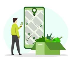 Man using his smartphone to check his healthy food order. GPS location map on smartphone screen. Order Tracking concept vector