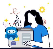 Person using AI chatbot to create a text, young woman gives a prompt to a chat bot, uses a virtual assistant for work to write articles vector