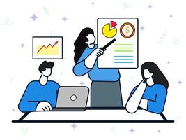 Presentation with clients concept. Businesswoman tell to team and client about business growth. Creative project presentation, successful project, educational process, sharing idea. vector