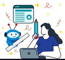 Woman using laptop to business development with helping for AI robot. Artificial intelligence application. vector