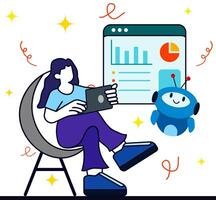 Woman using laptop to looks at business diagram with AI robot helping to collect statistics and information. Artificial intelligence application. vector