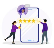 Man and woman giving five star feedback and choosing satisfaction rating on smartphone screen. Client feedback or review concept. vector