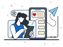 Social network promotion concept. Woman using smartphone to share of cross posting in social media. Media promotion, advertising, comment and like, digital marketing, smm and post sharing. vector
