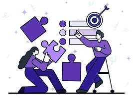 Woman bring puzzle to talk with man about business strategy. Man show goal points as targets. Business planning concept vector