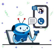 Chatbot talking with woman on his smartphone screen. Customer service with AI-Powered chatbot. Artificial intelligence robotics virtual assistant concept. vector