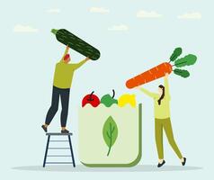 Man putting cucumber and woman putting carrot on paper box. Grocery vegetables and fruits. Natural product vector