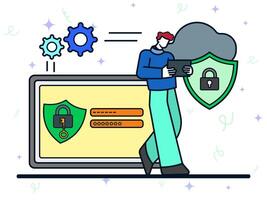 Cloud computing security concept. Man using tablet smartphone to checking cloud account safety. Security system, data protection service, safety account, network computing. vector