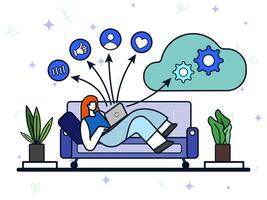 Woman laying on sofa and using laptop at home to access social media and setting cloud computing. Cloud management, account security, cyber protection. vector