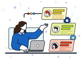 Woman using laptop to sorting some people profile. HR and headhunter service abstract concept. Human resources, candidates, performance management, find employee, job applicant, HR management. vector