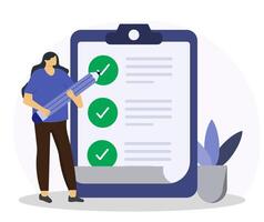 Business woman marks on the to-do list with giant pencil. Survey document. Checklist form for feedback or questionnaire pool. vector