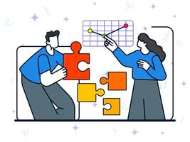 Problem solving concept. Finding solution, partnership, working team collaboration, enterprise cooperation, colleagues mutual assistance, business teamwork. vector