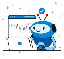 Robotic using laptop to monitoring forex trading. Artificial intelligence robot assistance for tock trading or crypto currency investing, technical analysis for investment, vector