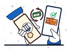 Digital transaction concept. Person's hand holds smartphone with money being transferred on the screen. Mobile banking, money exchange, payment, digital, online, commerce. vector