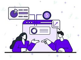 A woman is discussing with a man about business financial development presentation. Briefing teamwork concept with dashboard shown business growth. vector