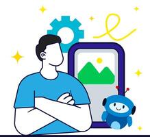 Person using AI chatbot to create a natural picture on big smartphone screen. Man gives a prompt to a chat bot, uses a virtual assistant. vector