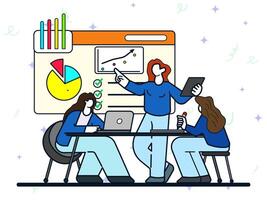 Employees team meeting concept. Businesswoman presenting in front of her team with graphs and data on screen. Office collaboration and leadership. Analysis, development, statistics, growth. vector